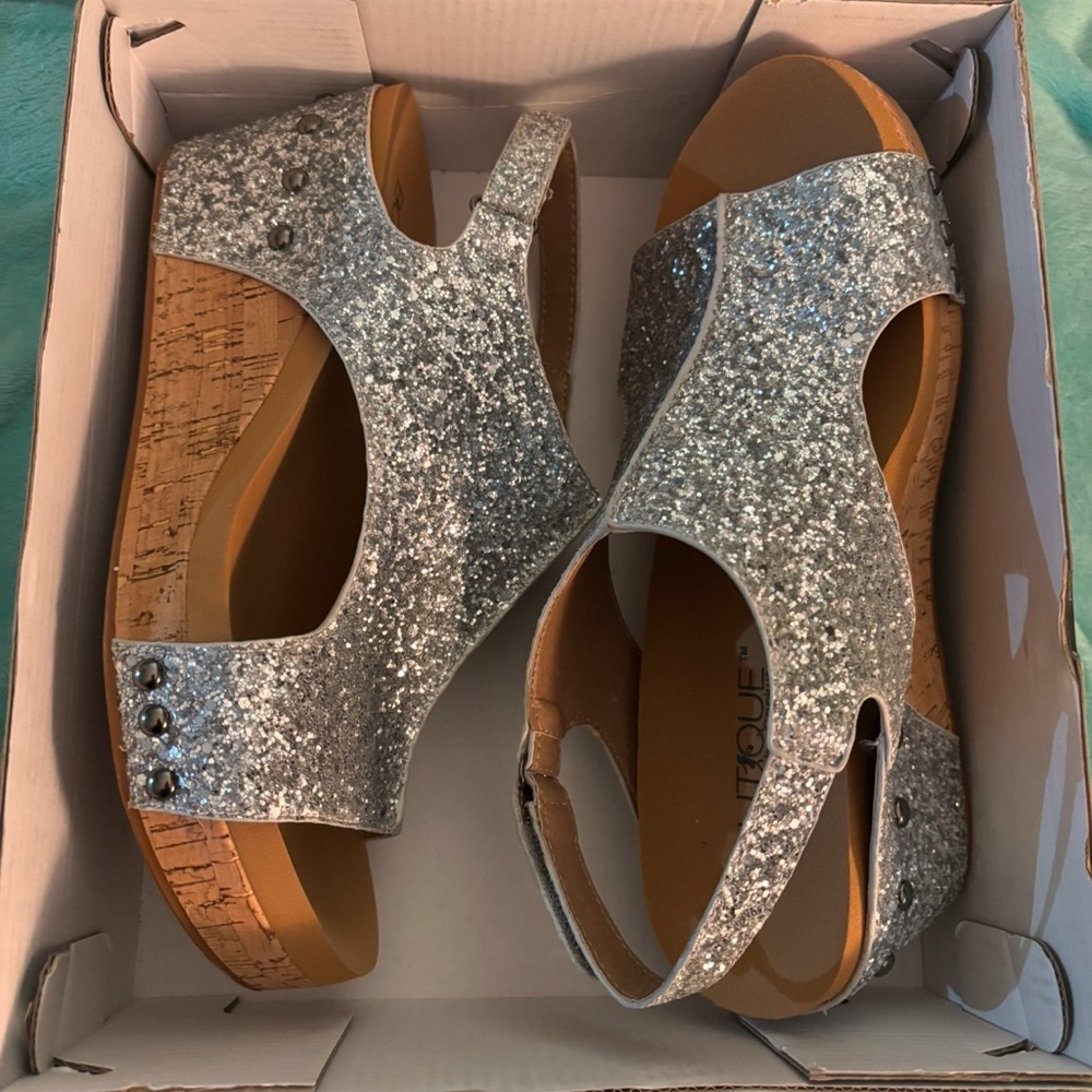 Corkys Silver Glitter Wedge Sandals - Picture 2 of 7